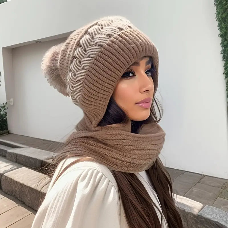 Coldproof Warm Beanie With Pom Classic Hooded Scarf Elastic Knit Hats Warm Beanies Women's Shoes & Accessories Khaki - DailySale