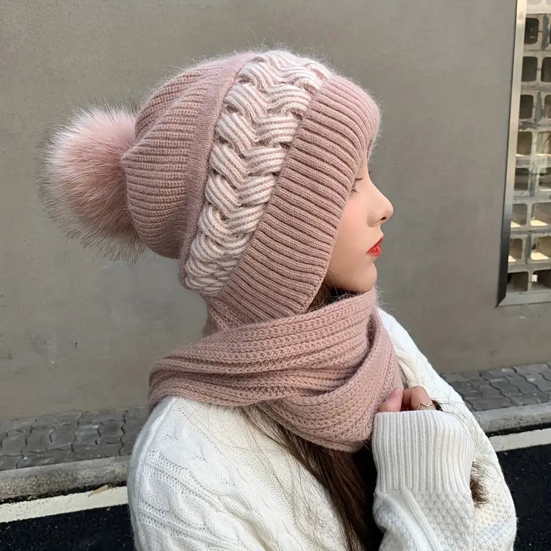 Coldproof Warm Beanie With Pom Classic Hooded Scarf Elastic Knit Hats Warm Beanies Women's Shoes & Accessories Soft Pink - DailySale