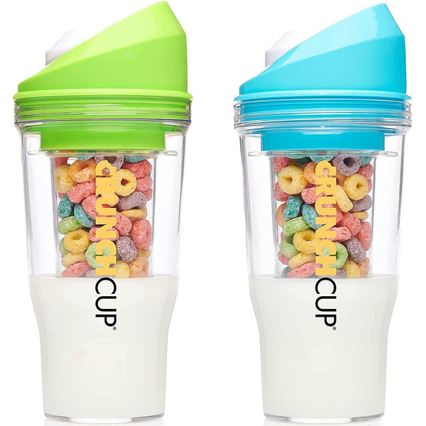 Two Crunch Cup On The Go Cereal Tumblers in assorted colors placed side by side in front of a white background