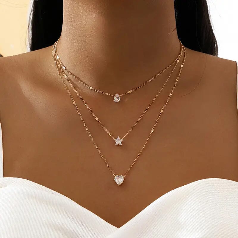 Crystal Zirconia Heart Star Charm Layered Pendant Necklace Necklaces - DailySale