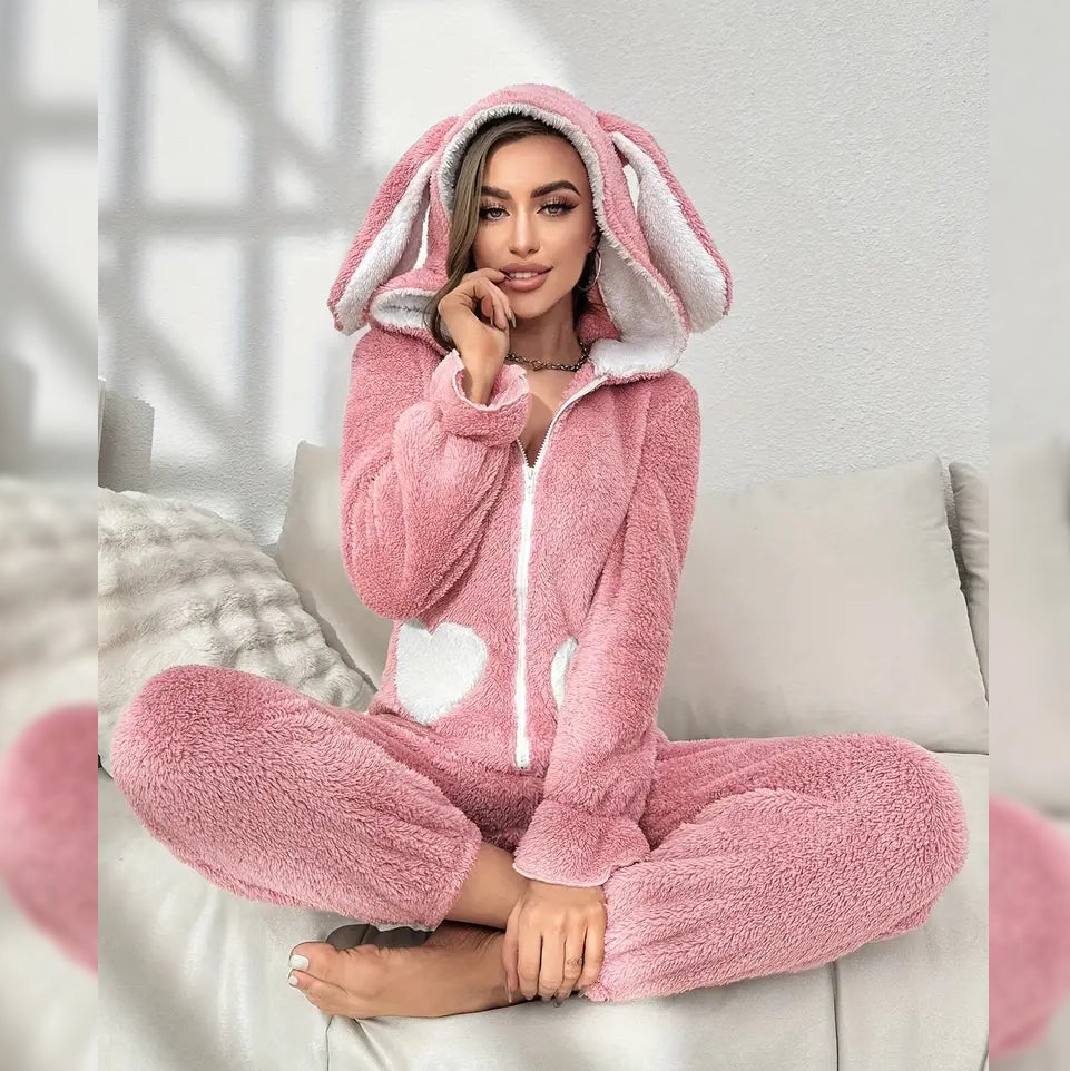 Cute Bunny Fuzzy Hooded Night Jumpsuit Women's Loungewear - DailySale