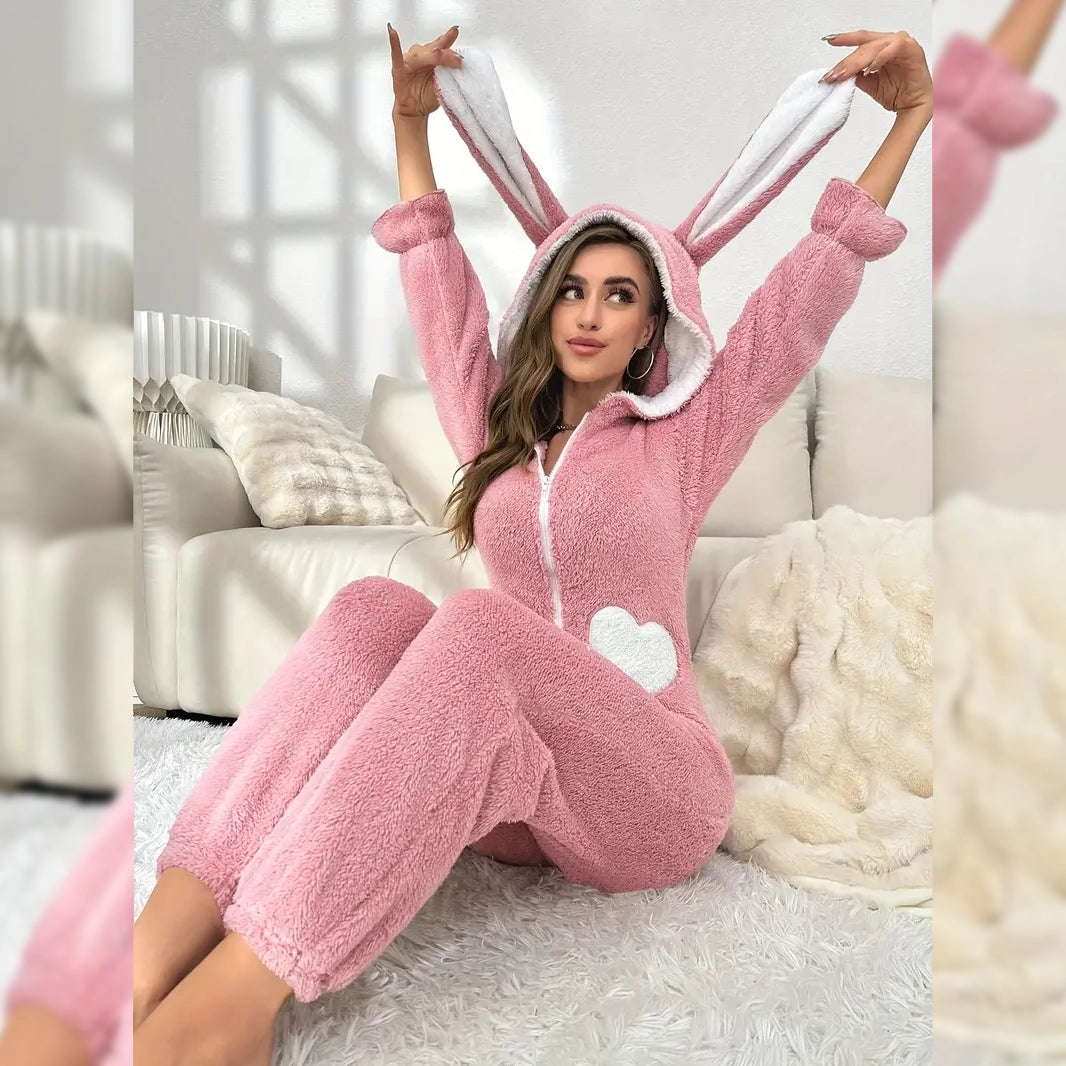 Cute Bunny Fuzzy Hooded Night Jumpsuit Women's Loungewear - DailySale