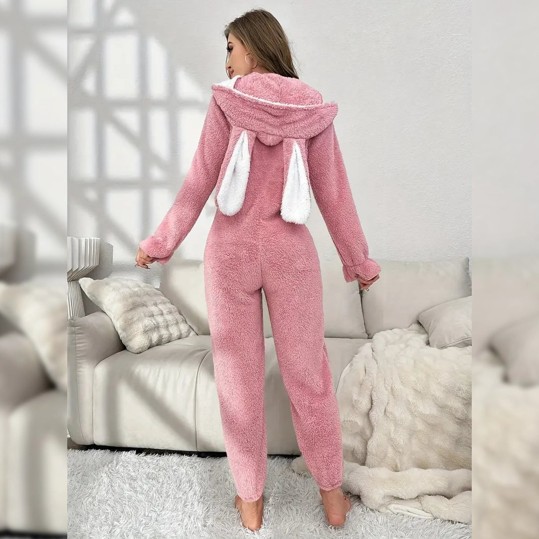 Cute Bunny Fuzzy Hooded Night Jumpsuit Women's Loungewear - DailySale