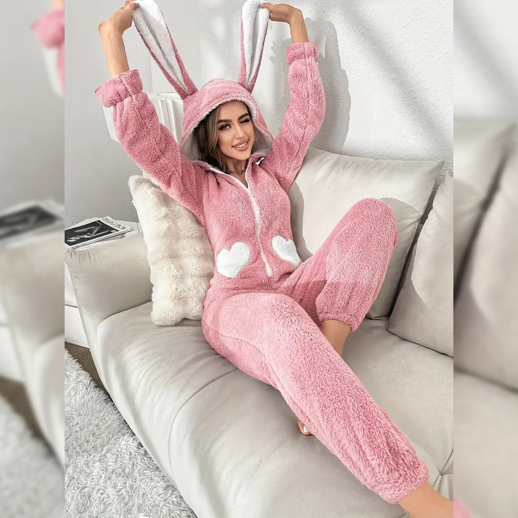 DailySale Cute Bunny Fuzzy Hooded Night Jumpsuit Large