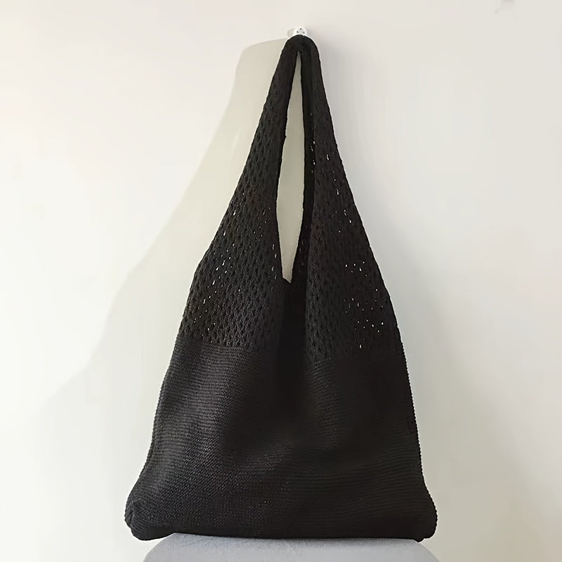 Black crochet knit mesh tote shoulder bag