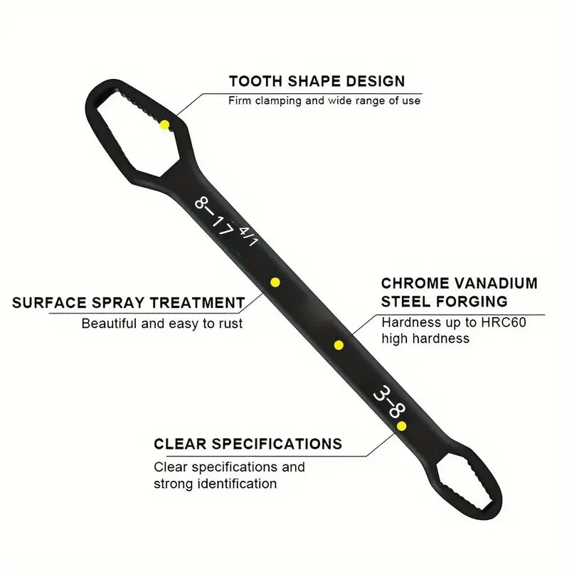 Double End Multifunctional Universal Wrench, 3-17mm Self-Tightening Lazy Wrench Repair Tools