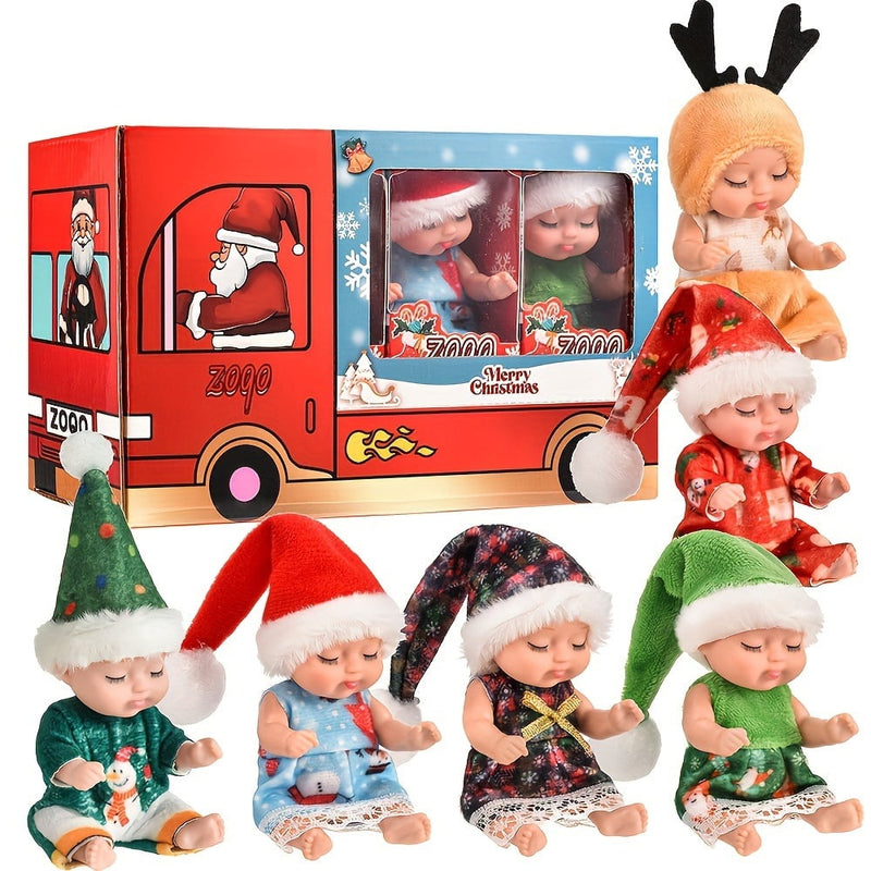 Santa truck gift box with six mini reborn baby dolls in Christmas outfits arranged around it