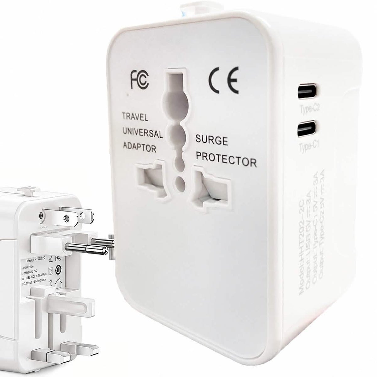 Travel adapter with the pins out, showing the USB-A and two USB-C ports