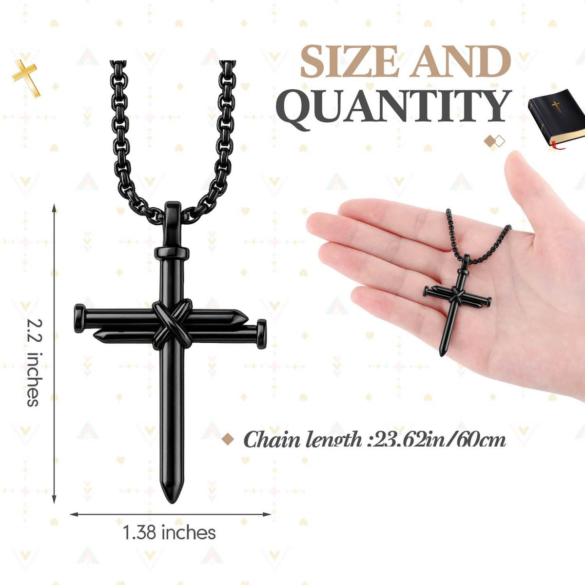 Pendant 2.2 by 1.38 inches, chain length 23.62 inches, shown in a hand for scale