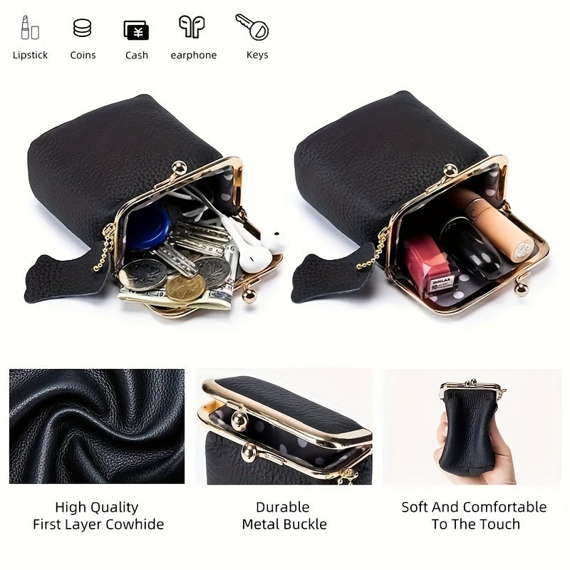 Purse open holding coins, keys and makeup, with cowhide and metal buckle detail
