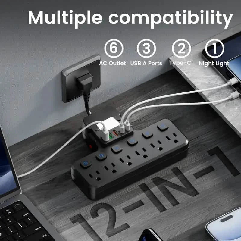 12-in-1 Adjustable Desk Lamp Power Strip – 6 AC Outlets, 3 USB-A & 2 Type-C Ports, Surge Protection
