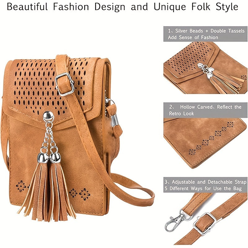 Beaded tassels, cut-out pattern and detachable strap details