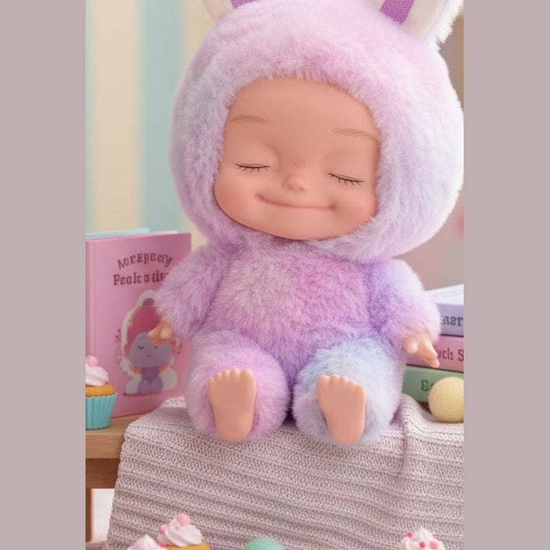 Purple plush onesie doll with eyes closed, seated