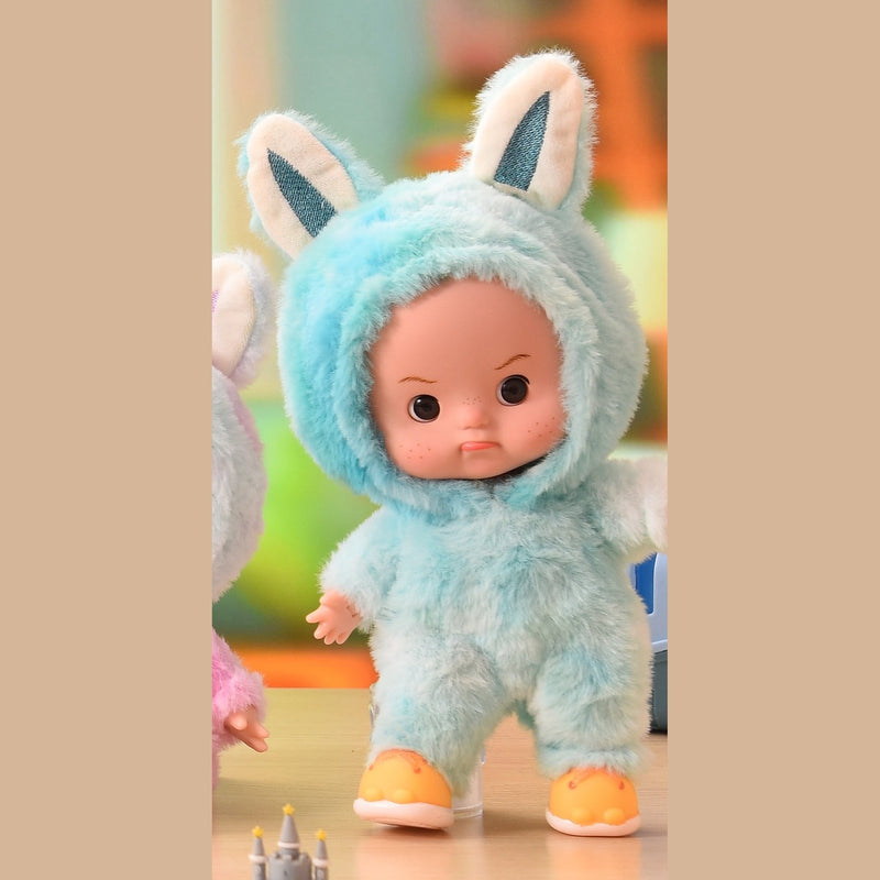 Blue plush onesie doll with eyes open, standing