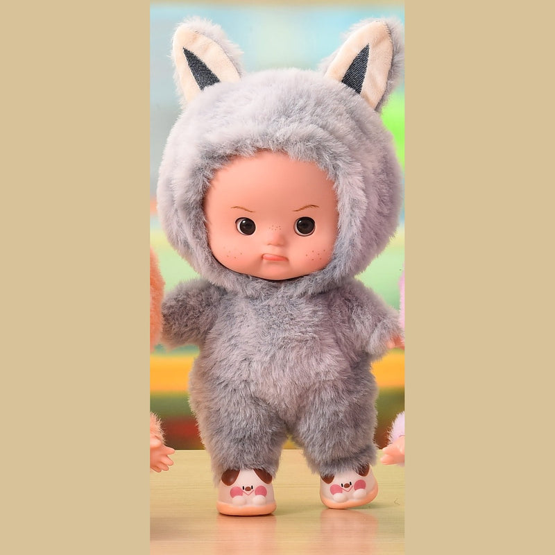 Gray plush onesie doll with eyes open, standing