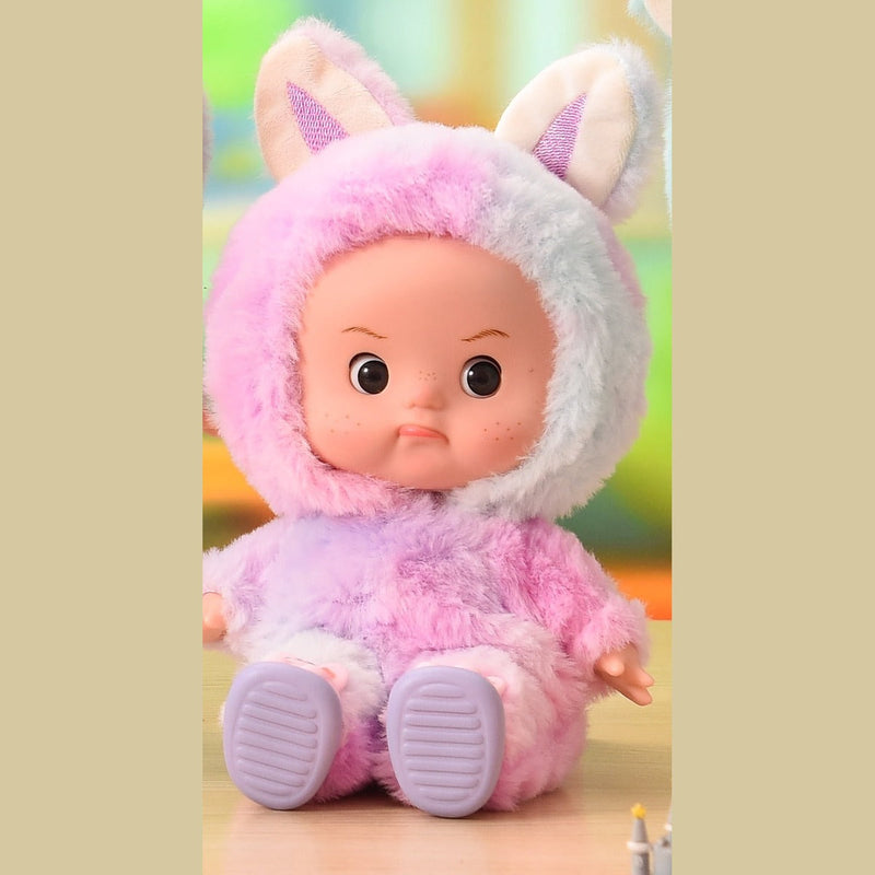 Purple plush onesie doll with eyes open, seated