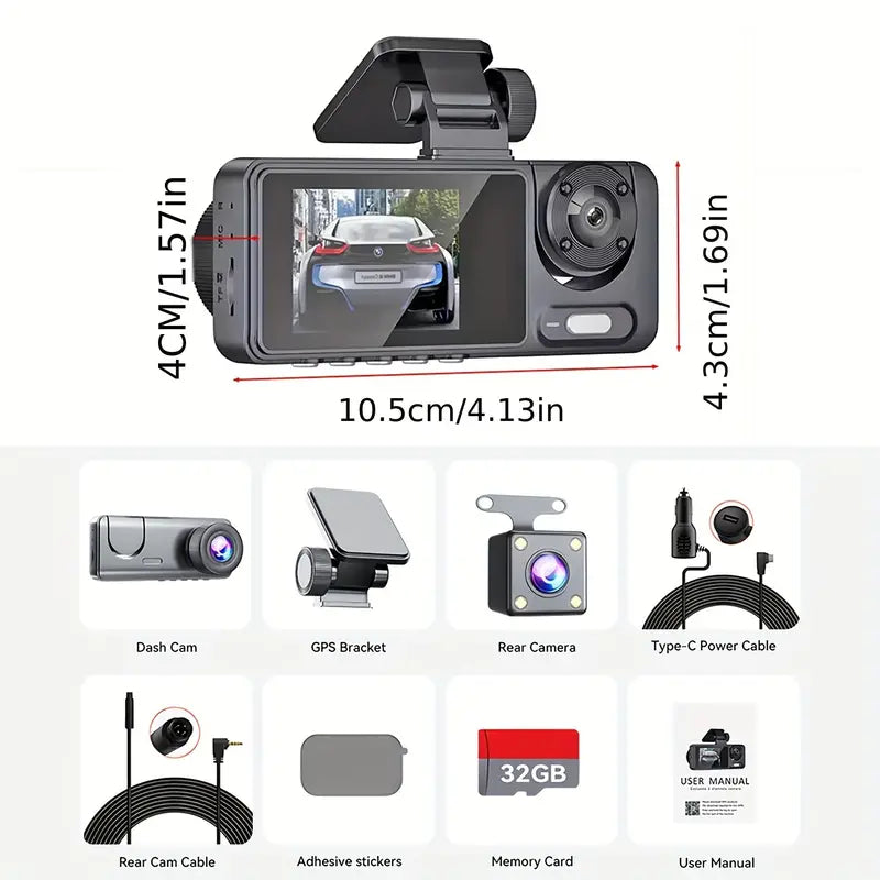 Dash Cam, 3 Channel Dash Cam, 1080P Dash Cam Front And Inside And Rear, Triple Dash Cam, Dash Camera With 32GB Card, Night Vision, HDR, G-Sensor, 24Hrs Parking, 170°Wide Angle, Front Rear Dash Cam Loop Recording Automotive - DailySale