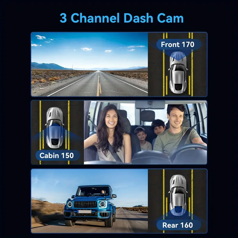 Dash Cam, 3 Channel Dash Cam, 1080P Dash Cam Front And Inside And Rear, Triple Dash Cam, Dash Camera With 32GB Card, Night Vision, HDR, G-Sensor, 24Hrs Parking, 170°Wide Angle, Front Rear Dash Cam Loop Recording Automotive - DailySale