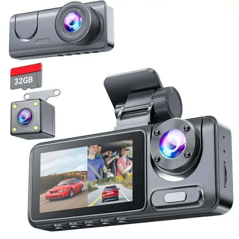 Dash Cam, 3 Channel Dash Cam, 1080P Dash Cam Front And Inside And Rear, Triple Dash Cam, Dash Camera With 32GB Card, Night Vision, HDR, G-Sensor, 24Hrs Parking, 170°Wide Angle, Front Rear Dash Cam Loop Recording Automotive - DailySale