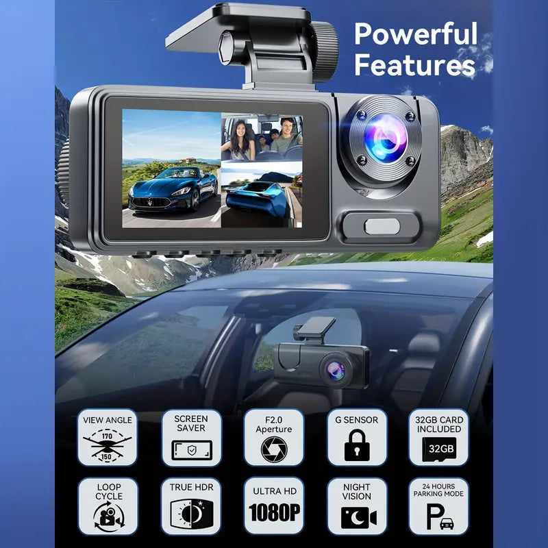 Dash Cam, 3 Channel Dash Cam, 1080P Dash Cam Front And Inside And Rear, Triple Dash Cam, Dash Camera With 32GB Card, Night Vision, HDR, G-Sensor, 24Hrs Parking, 170°Wide Angle, Front Rear Dash Cam Loop Recording Automotive - DailySale