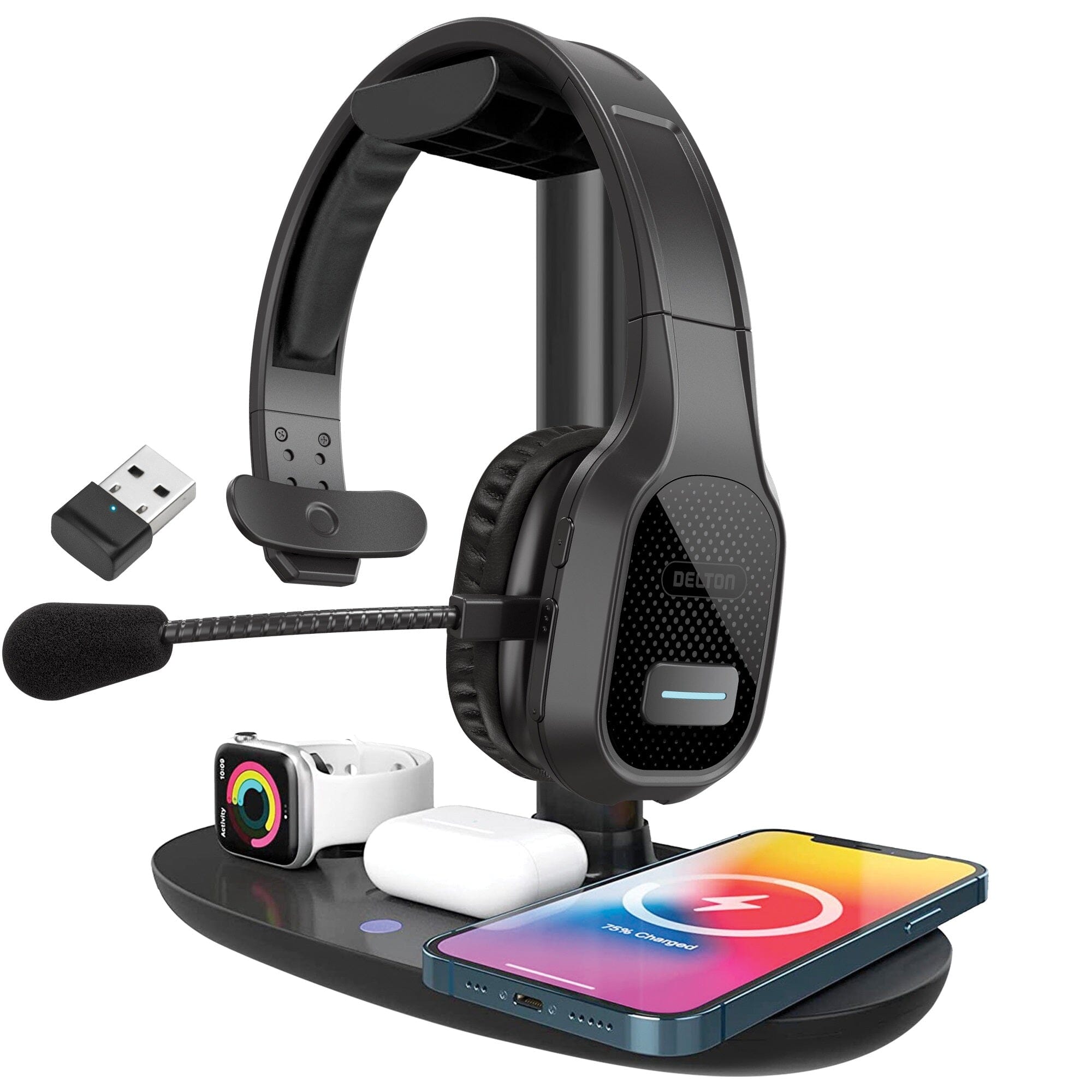 Delton 20X Bluetooth Headset & 3 in 1 Wireless Charging Station with Headset Holder Headphones - DailySale