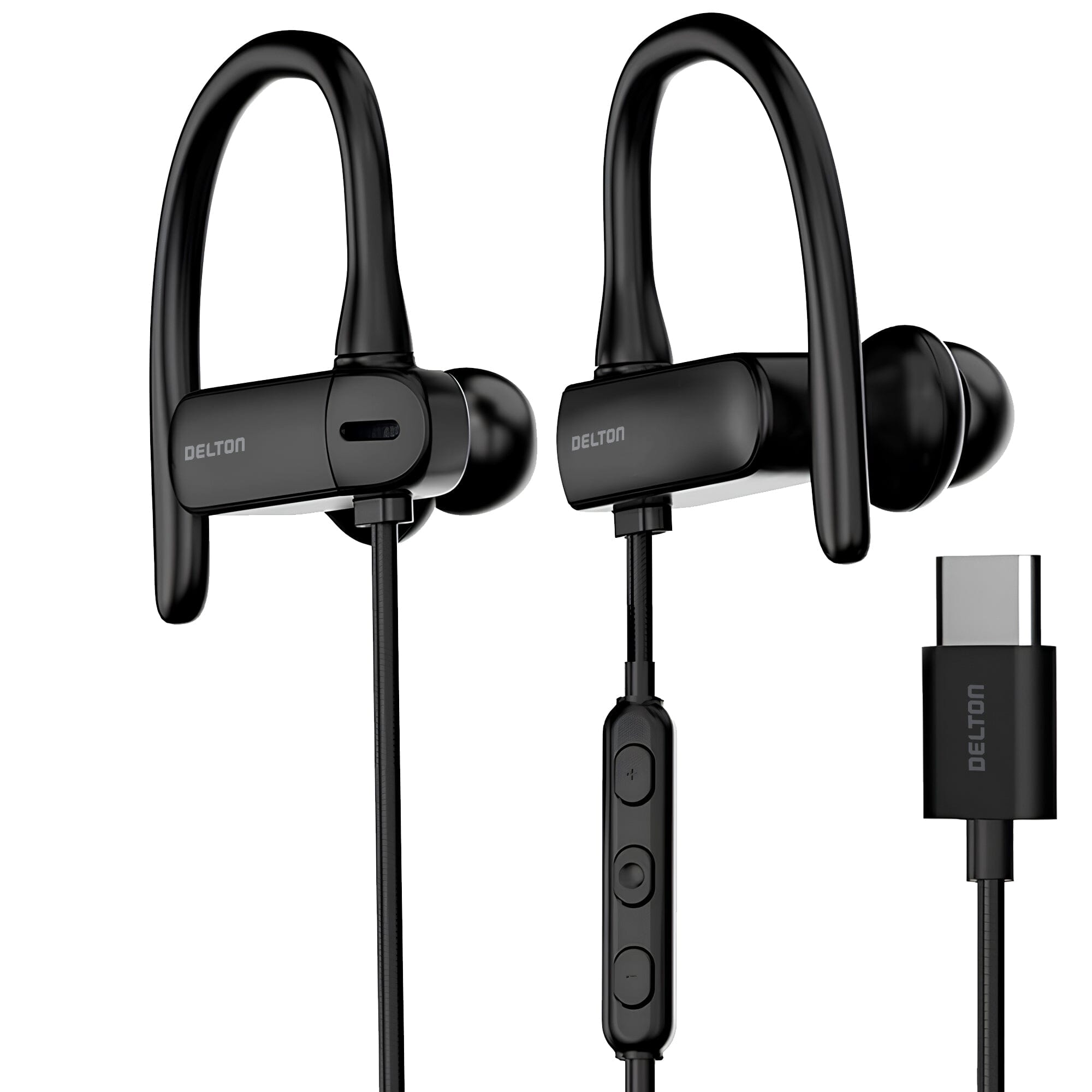 Delton 24EC USB-C Wired Earbuds with Microphone Ergonomic In-Ear Design with Ear Hook Headphones - DailySale