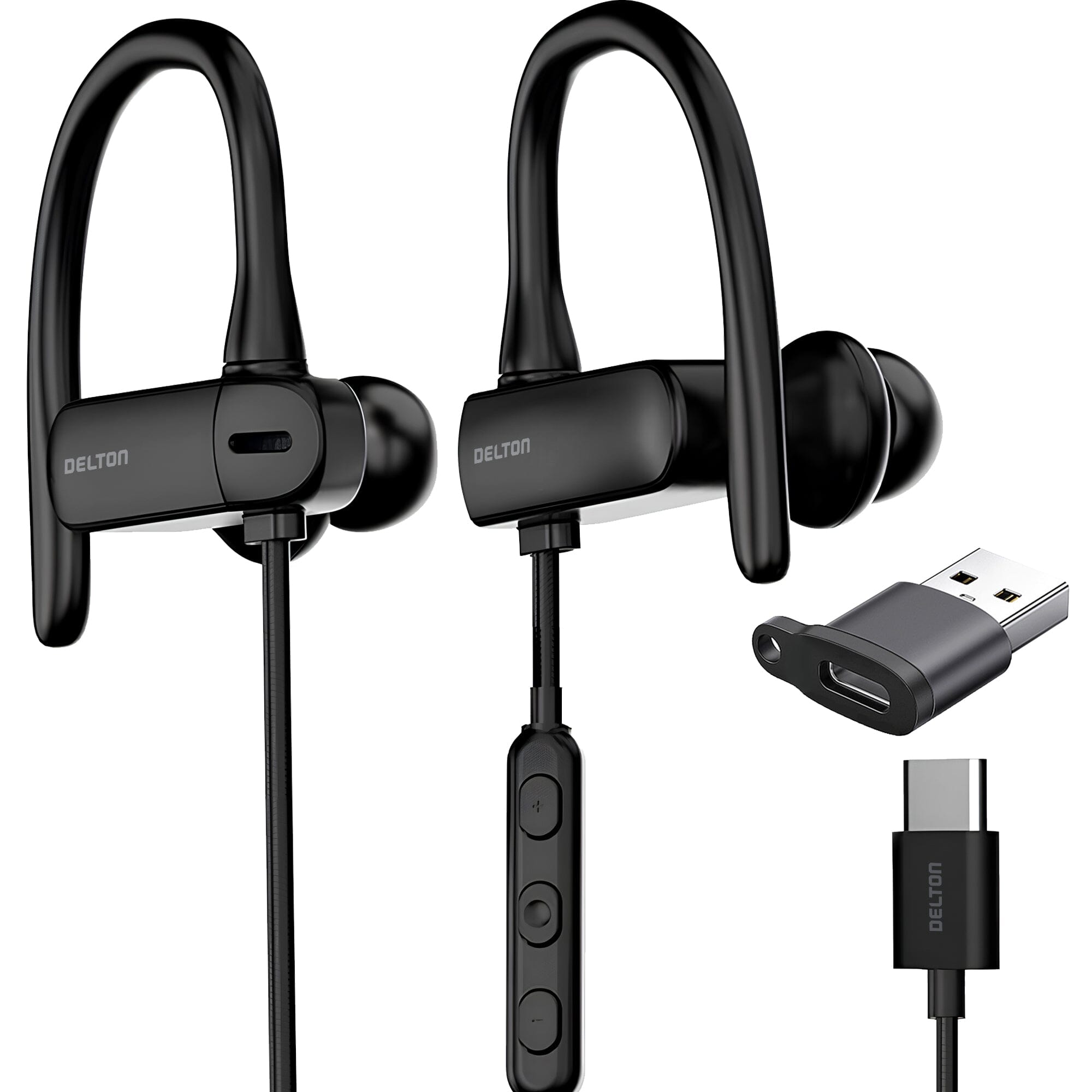 Delton 24ECA USB-C and USB-A Wired Earbuds with Microphone, Ergonomic In-Ear Design with Ear Hook Headphones - DailySale