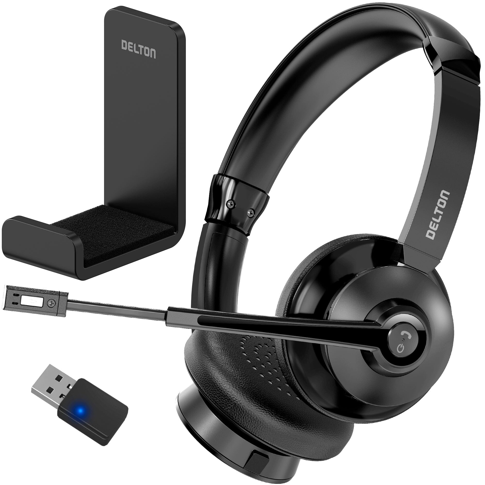 Delton 30X Bluetooth Computer Headset with Noise Canceling Mic, HiFi Stereo Sound, Headset Stand & Auto Pair USB Dongle for PC, Laptop, MacBook & Compatible with MS Team, Google Meet and More - Black Headphones - DailySale