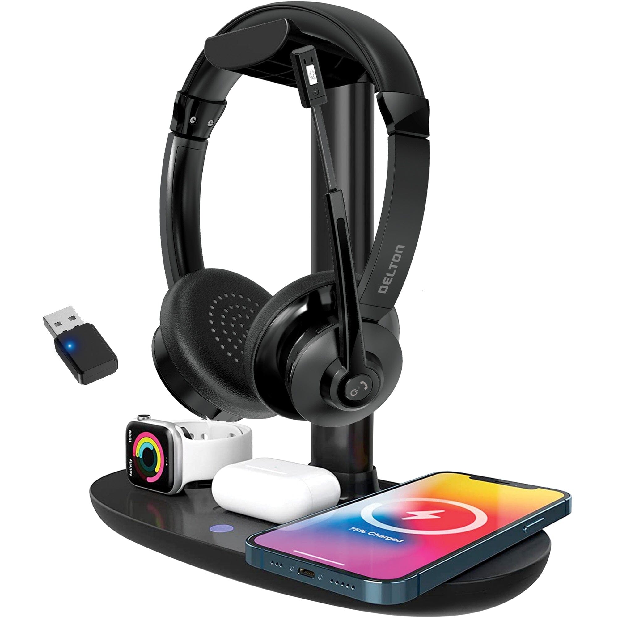 Delton 30X Bluetooth Headset and 3-in-1 Wireless Charging Station with Headset Holder Headphones - DailySale