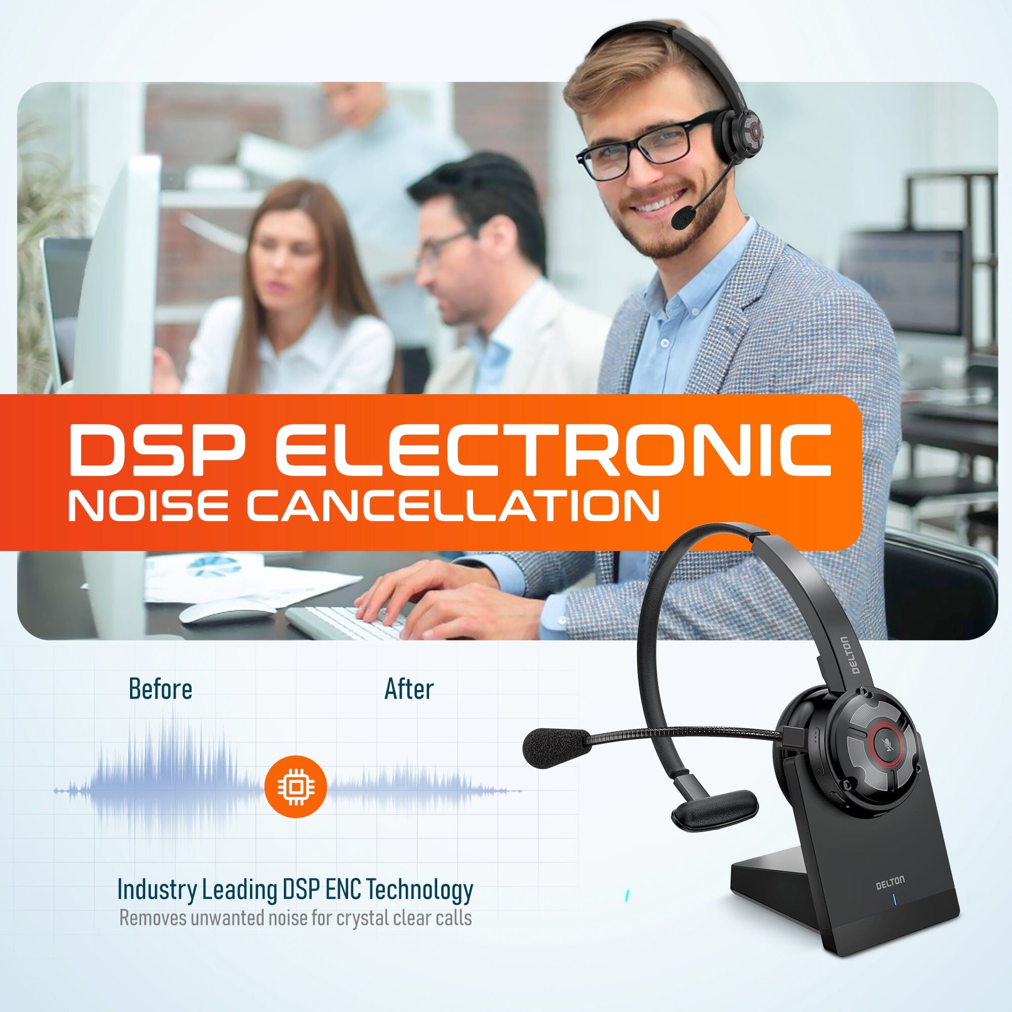 Delton 50X Noise Canceling Bluetooth or Auto Pair USB Dongle Headset with Charging Dock Headphones - DailySale