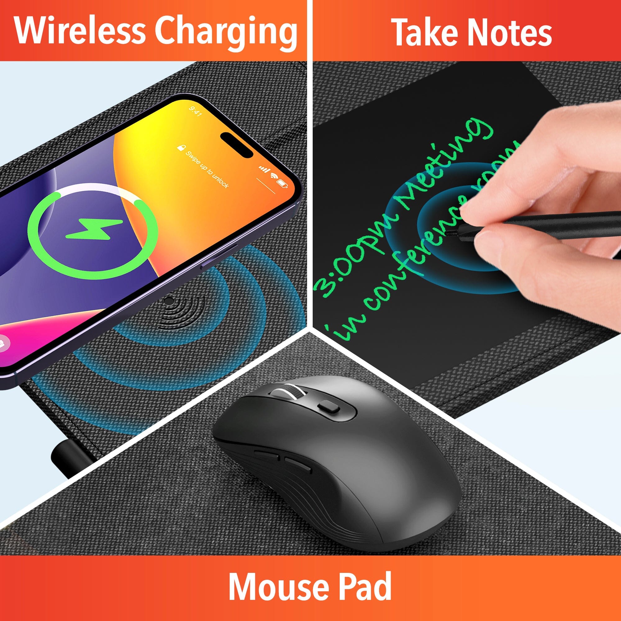 Delton D101 Wireless Charging Mouse Pad with Foldable Phone Stand & Writing Pad, Non-Slip Desk Mouse Mat 15W Wireless Charging Pad Qi Enabled Devices Mobile Accessories - DailySale