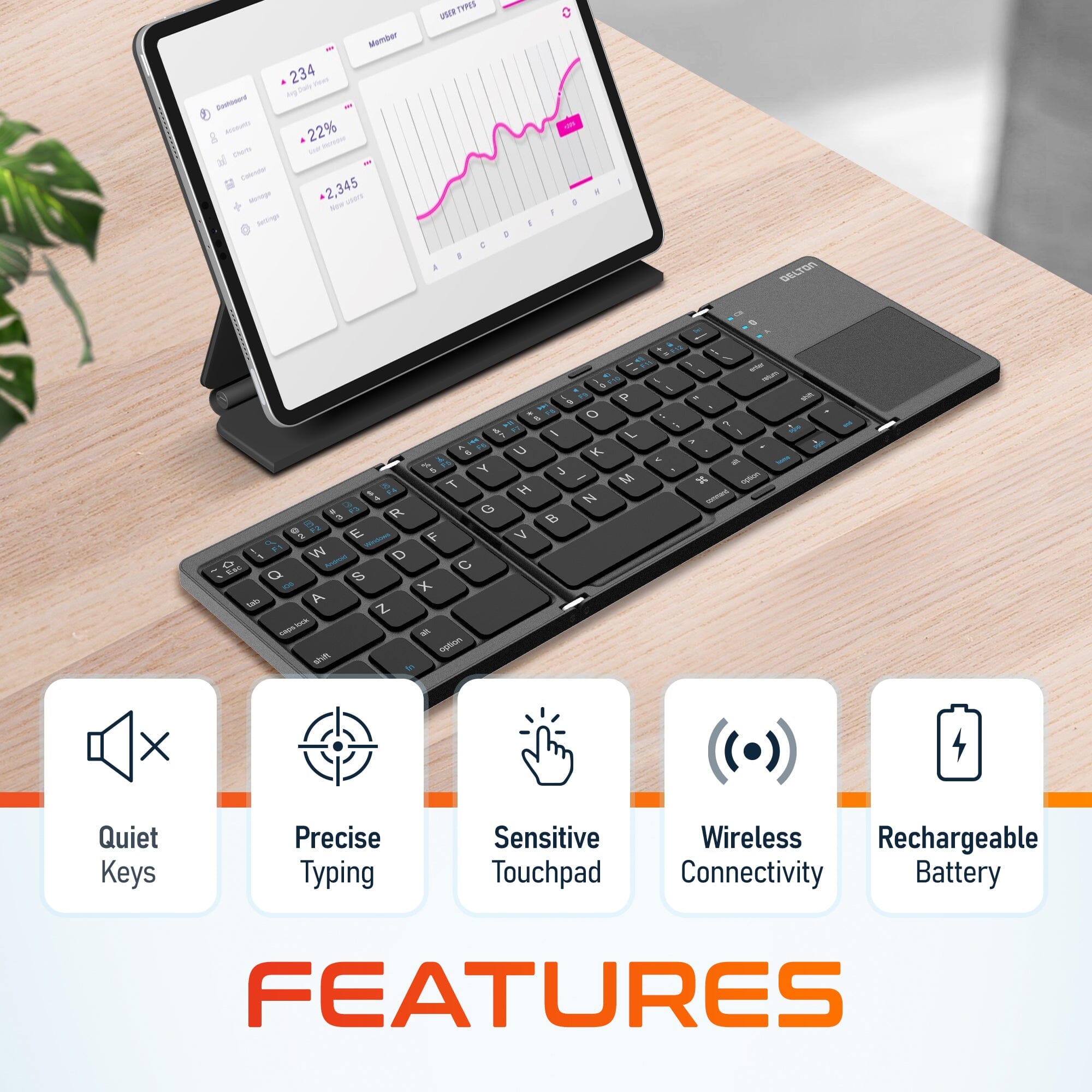 Delton F75 Bluetooth Keyboard with Sensitive Touchpad, Portable & Folding Design, Rechargeable Wireless Keyboard, Compatible with PC/Laptop, iMac, Tablets, Smartphones and More - Black Computer Accessories - DailySale