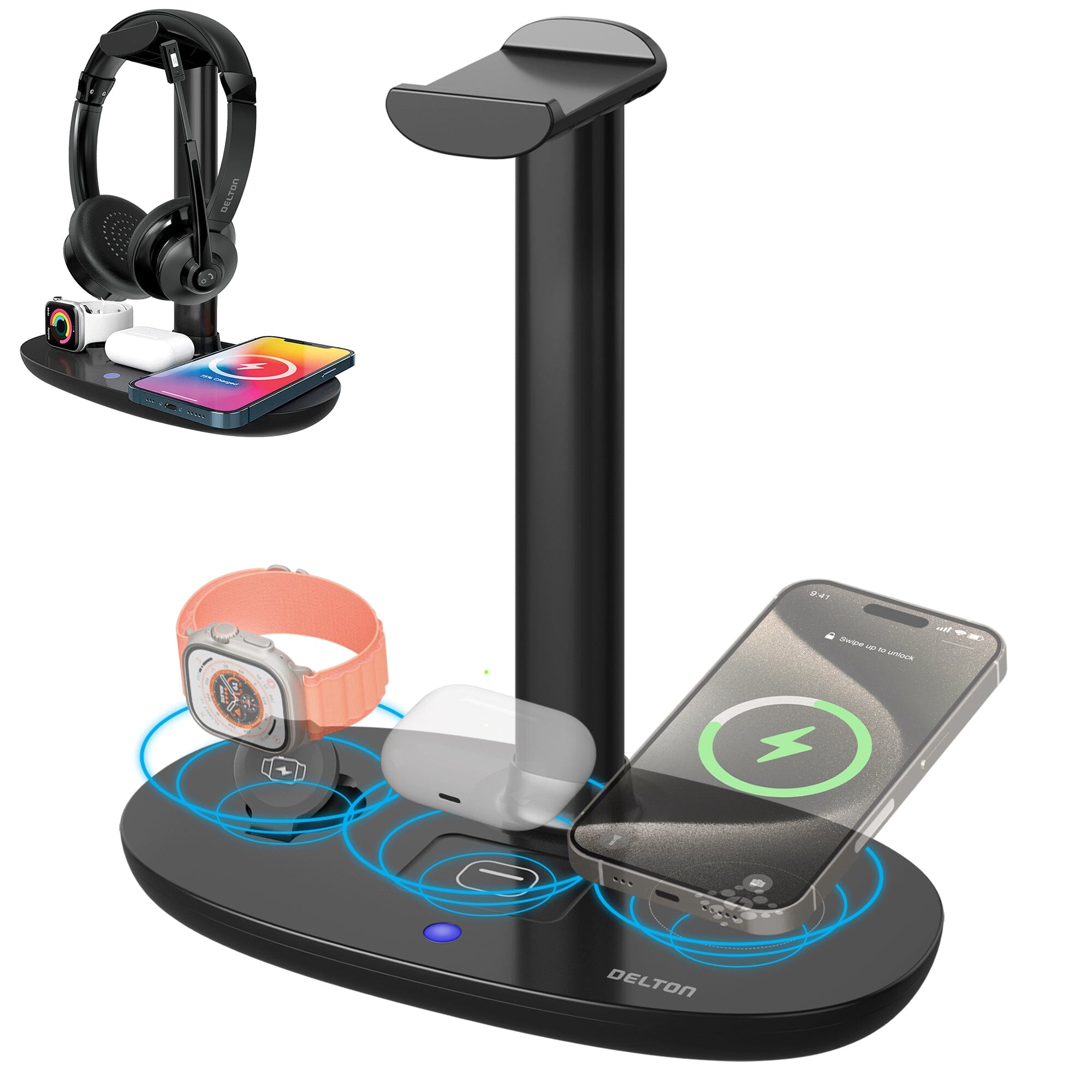 Delton HS1 3-in-1 Wireless Charging Station with Headphone Stand, Fast Charging Desk Charging Station, 15W Wireless Charger Stand for iPhones, iWatches, AirPods & Qi-enabled Devices - Black Mobile Accessories - DailySale