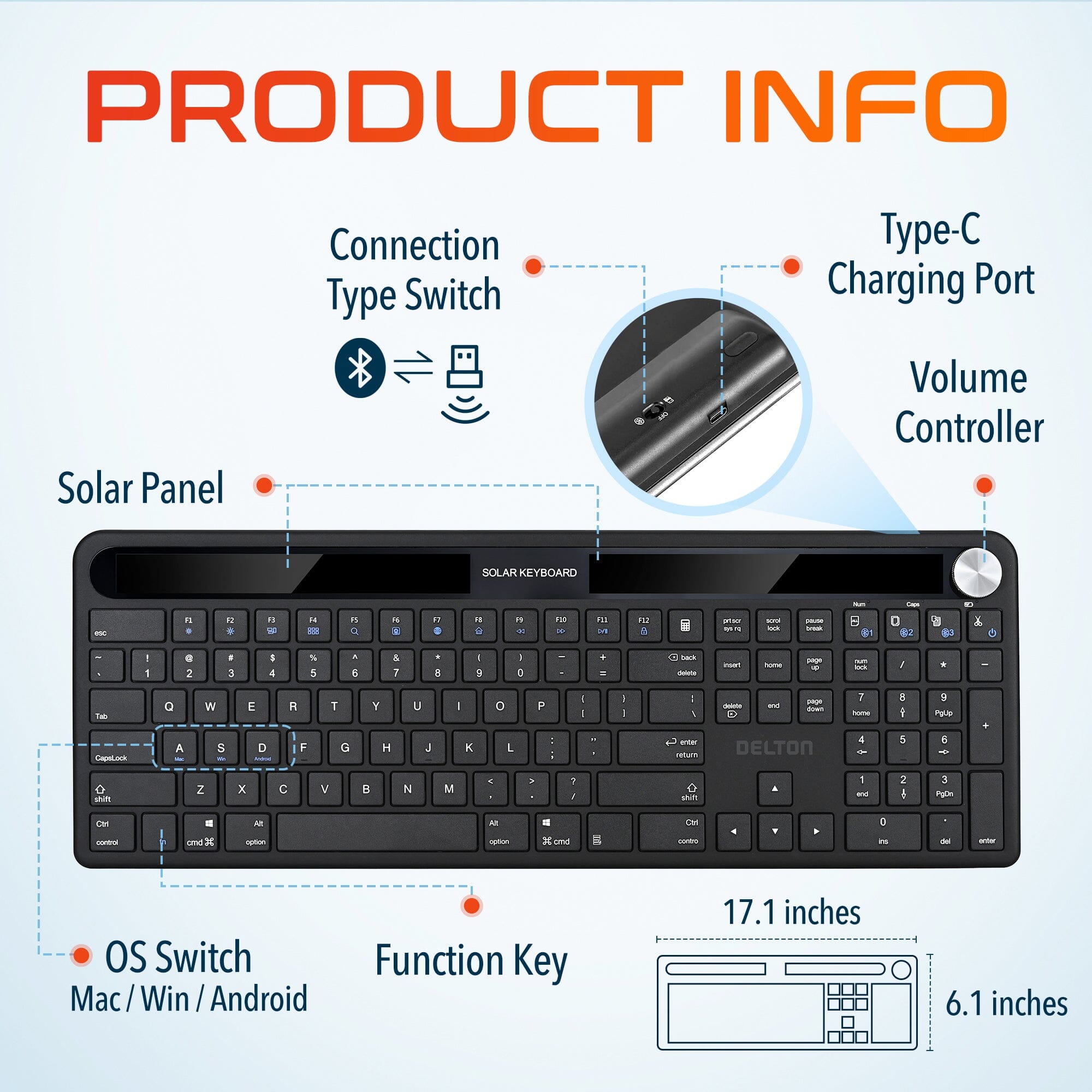 Delton KB90 Wireless Solar Keyboard, Rechargeable Wireless Keyboard with Quiet Keys, Solar Recharging Keyboard, Bluetooth Keyboard for Computer /Desktop /PC /Laptop /Windows. Computer Accessories - DailySale