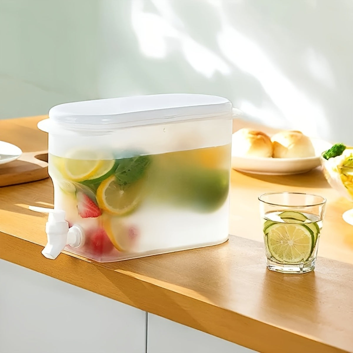 Drink dispenser on a kitchen counter filled with fruit and ice