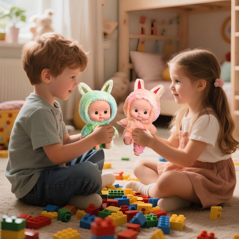 Two children playing with the dolls