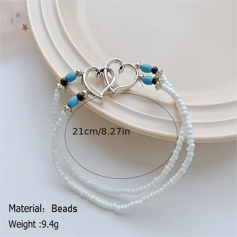 Double Openwork Heart Beaded Anklet Set with Mini Seed Beads Bracelets - DailySale