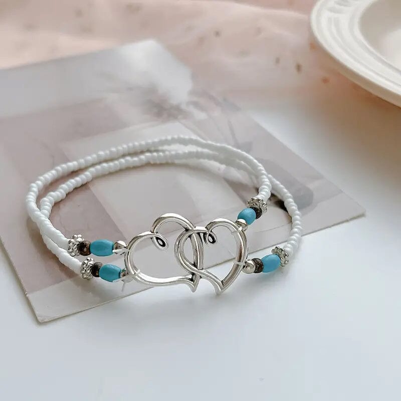 Double Openwork Heart Beaded Anklet Set with Mini Seed Beads Bracelets - DailySale