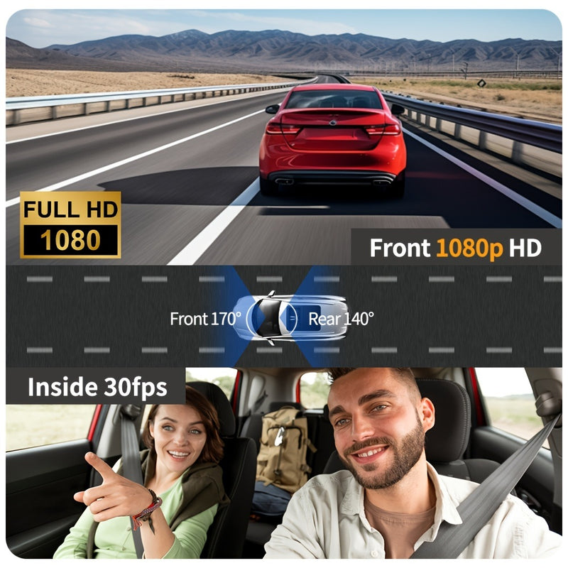 Dual dash cam records 1080p front at 170 degrees and cabin at 140 degrees