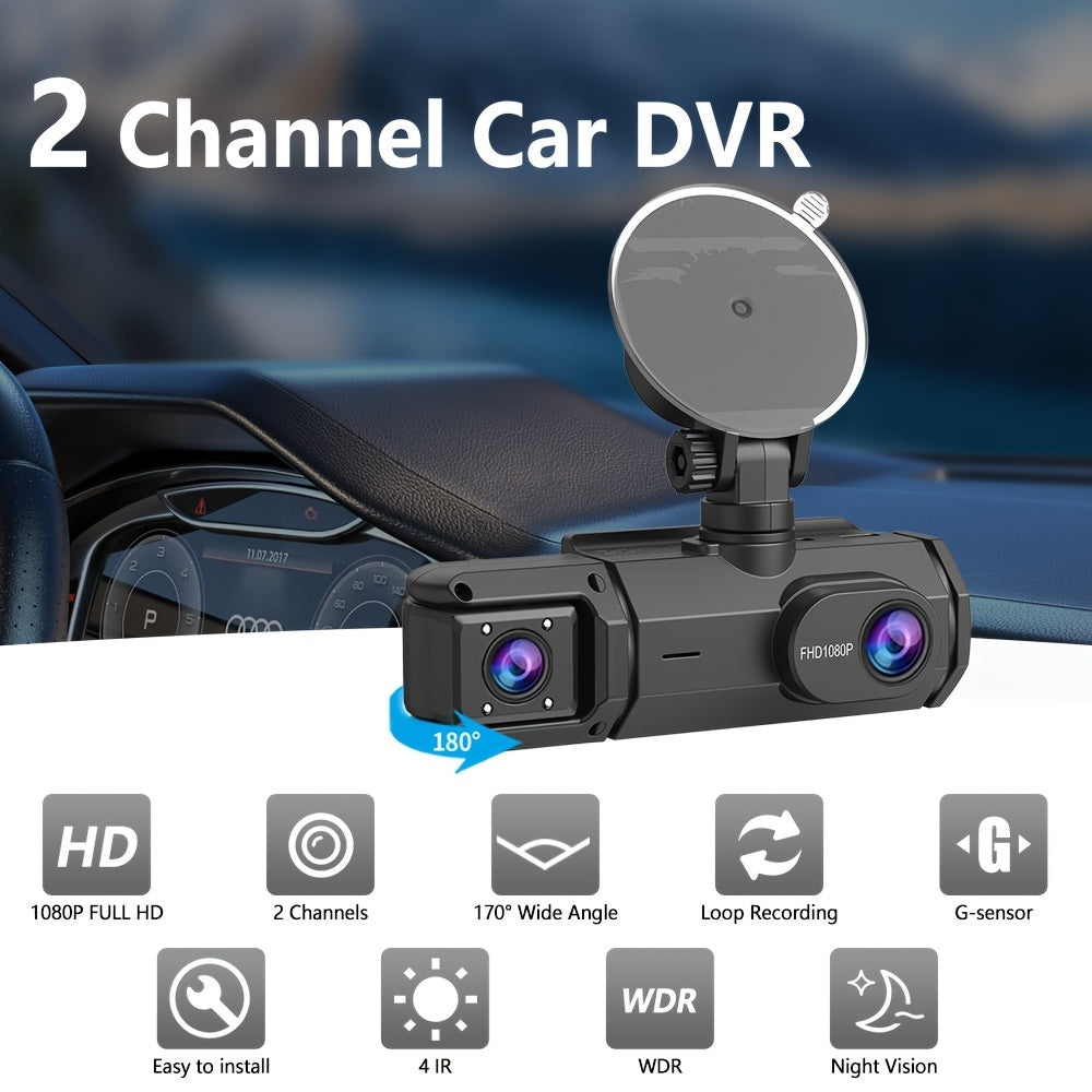 2-channel car DVR features: 1080p, 170 degree wide angle, loop recording, G-sensor, night vision
