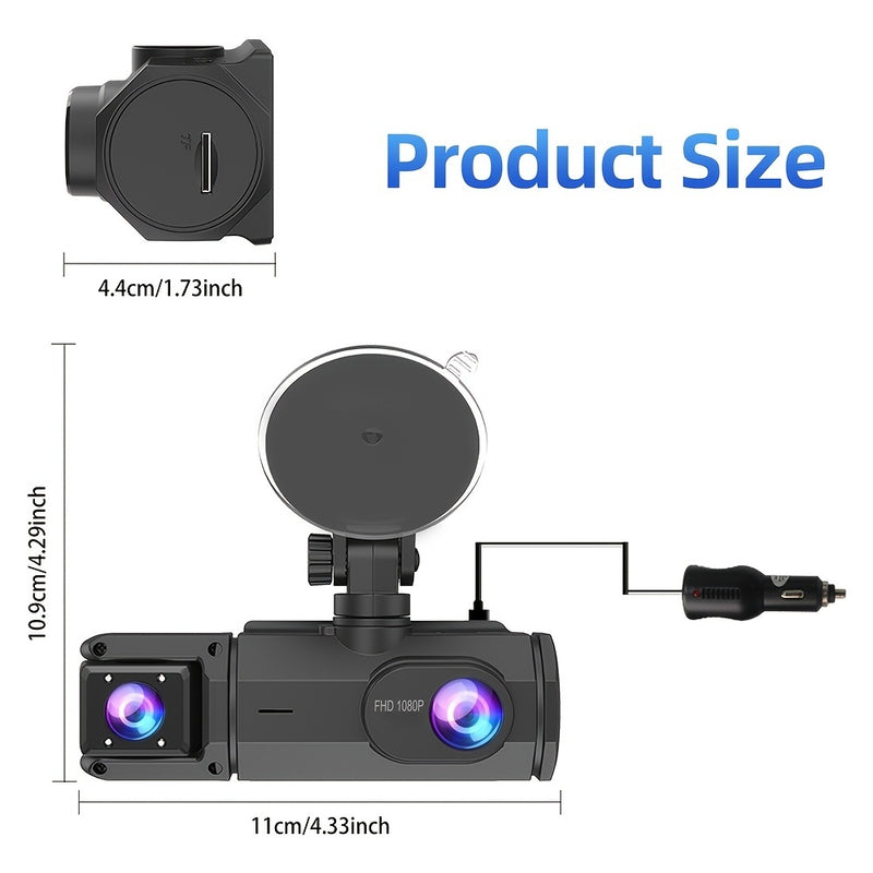 Dual dash cam dimensions: 11cm wide by 10.9cm tall