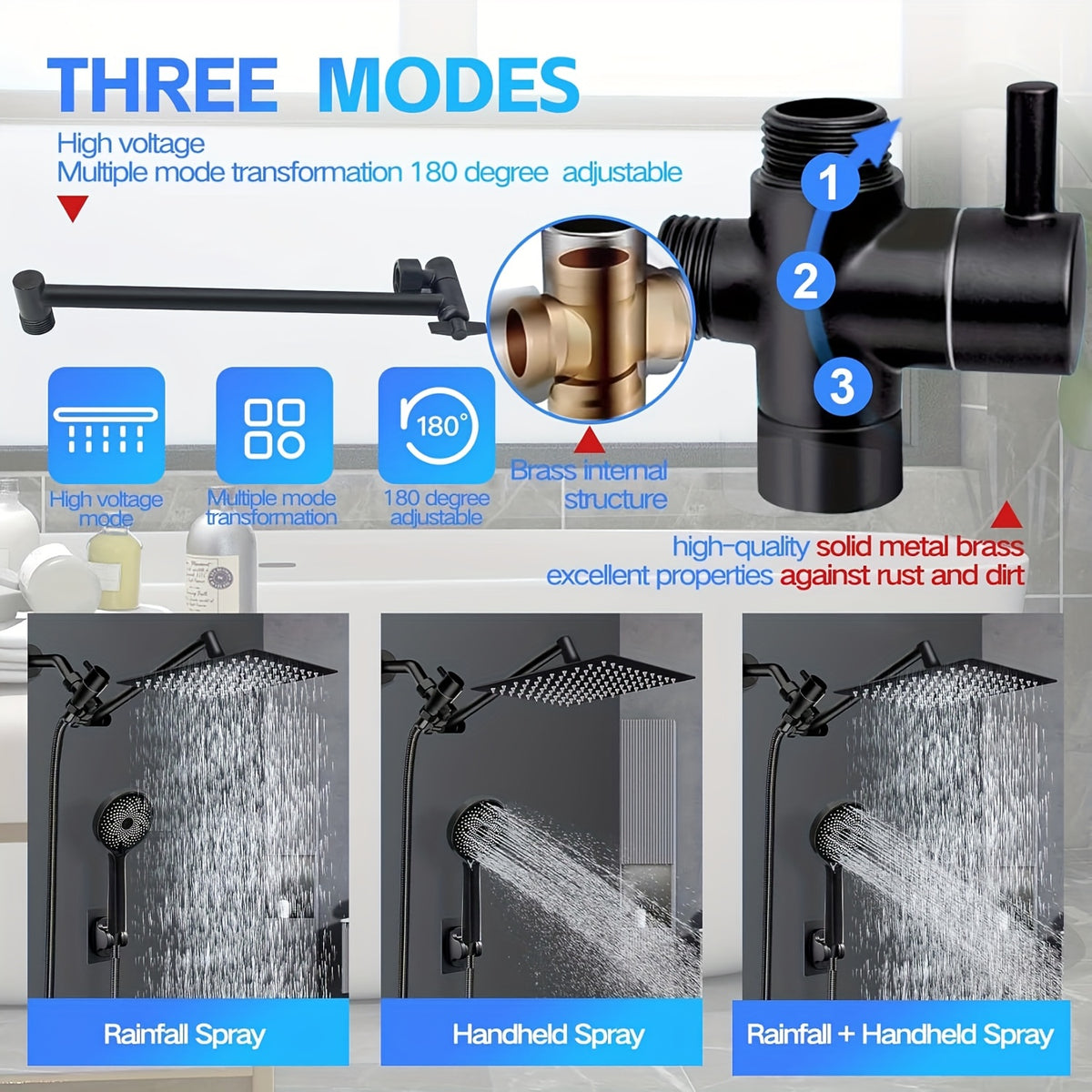 Three modes: rainfall spray, handheld spray, or both together