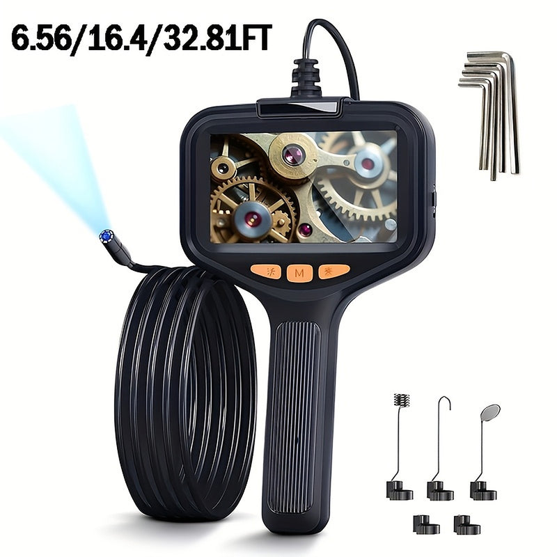 Handheld endoscope with coiled cable, magnet, hook and mirror attachments and hex keys