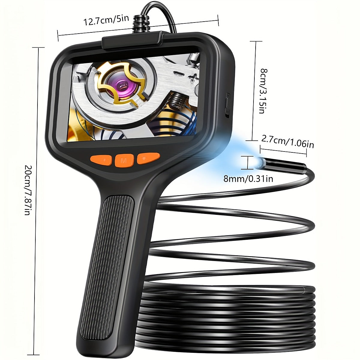 Size diagram: handset 20 cm tall by 12.7 cm wide by 8 cm deep, with an 8 mm probe