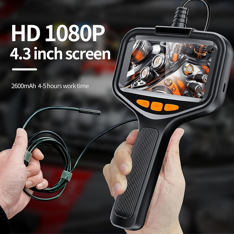 The endoscope held in both hands showing the 4.3 inch screen and 1080p image