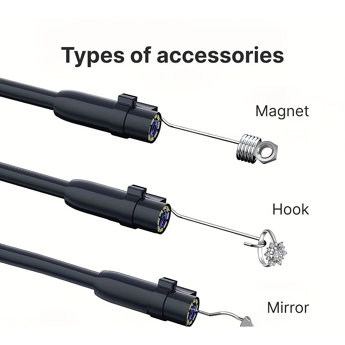 The three included attachments: magnet, hook and mirror