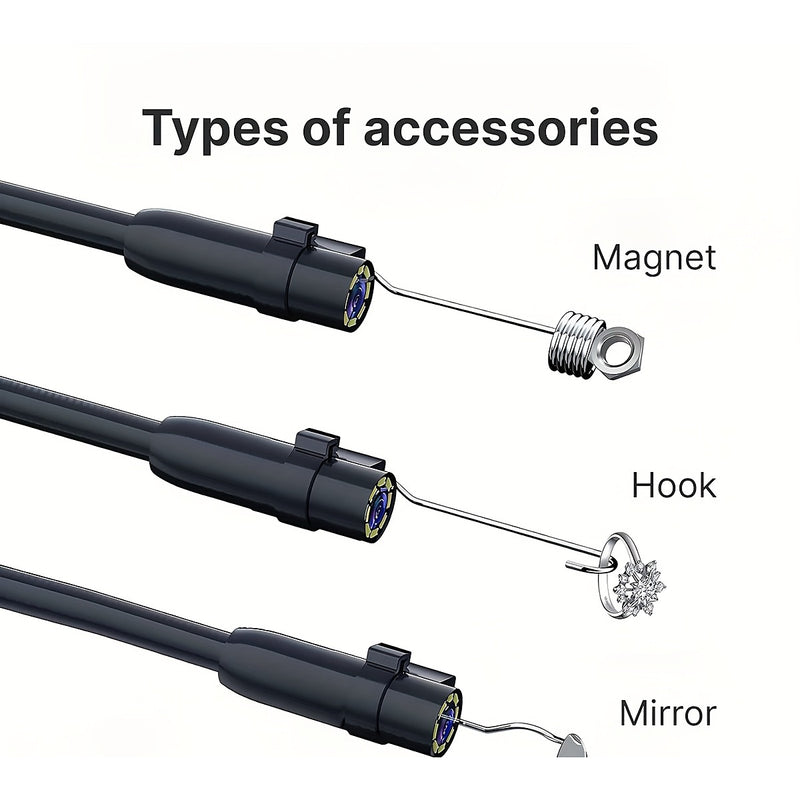 The three included attachments: magnet, hook and mirror