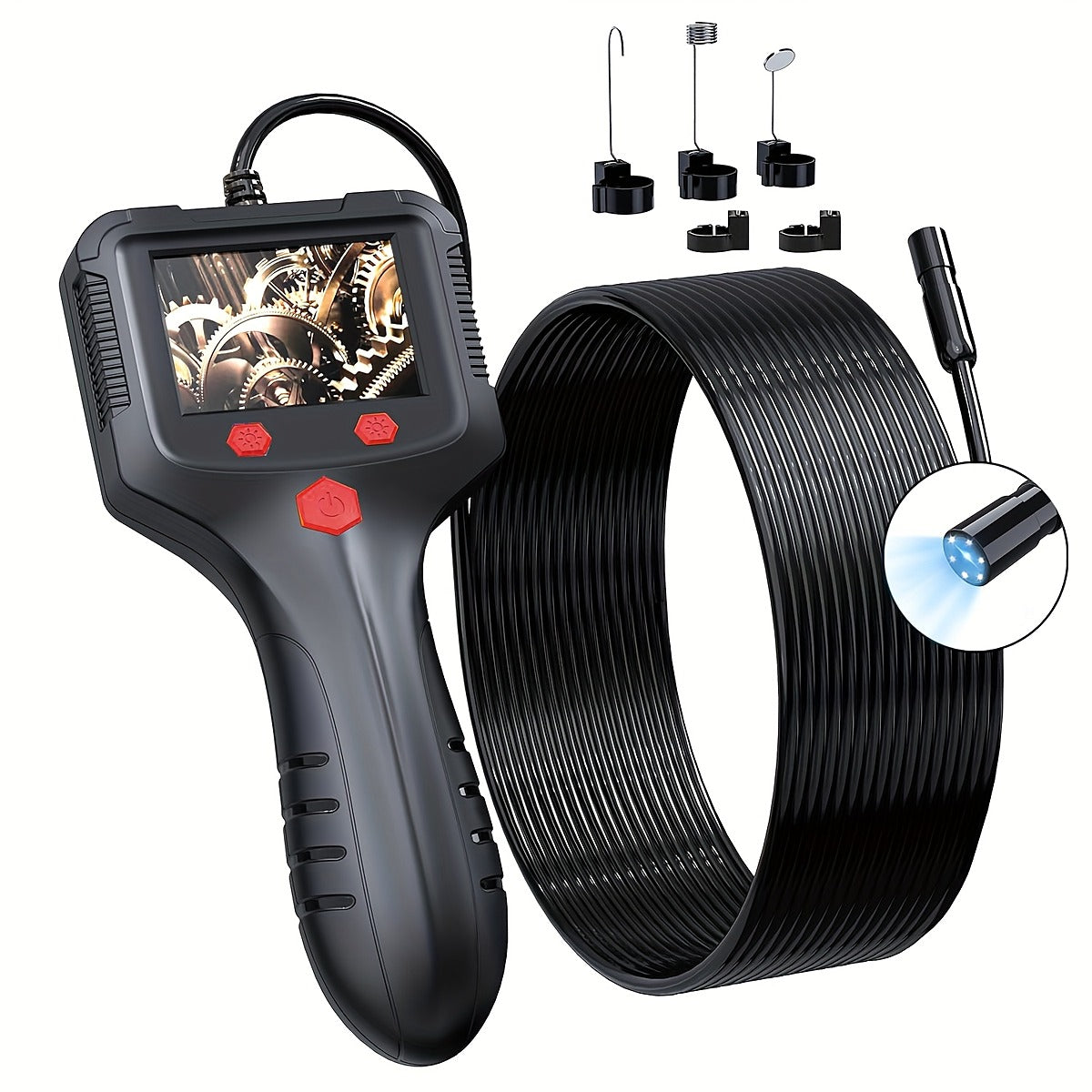 Endoscope handset with coiled cable, attachments and a lit camera head