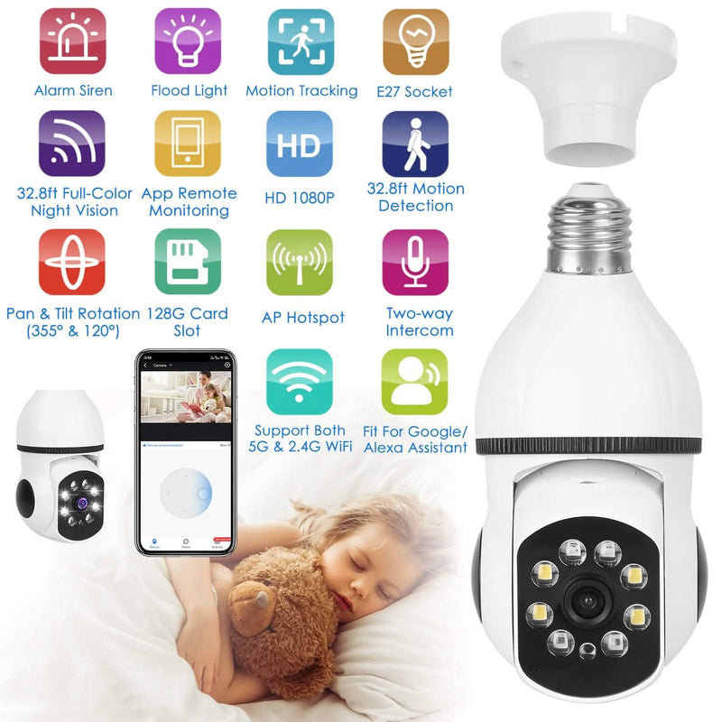 E27 WiFi Bulb Camera 1080P FHD WiFi IP Pan Tilt Security Surveillance Camera with Two-Way Audio Full Color Night Vision Smart Home & Security - DailySale