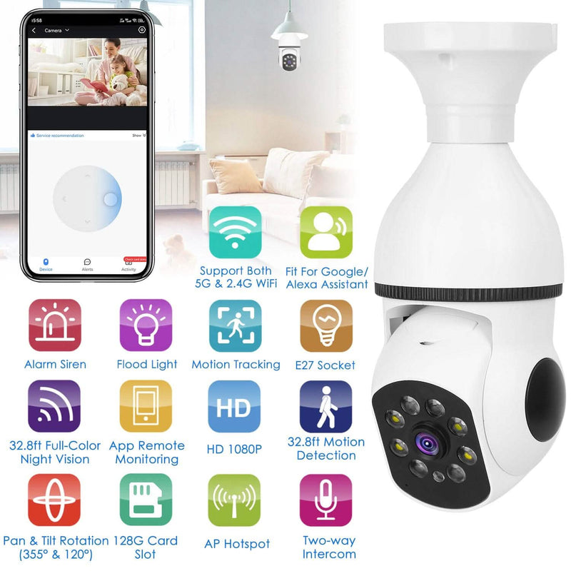 E27 WiFi Bulb Camera 1080P FHD WiFi IP Pan Tilt Security Surveillance Camera with Two-Way Audio Full Color Night Vision Smart Home & Security - DailySale